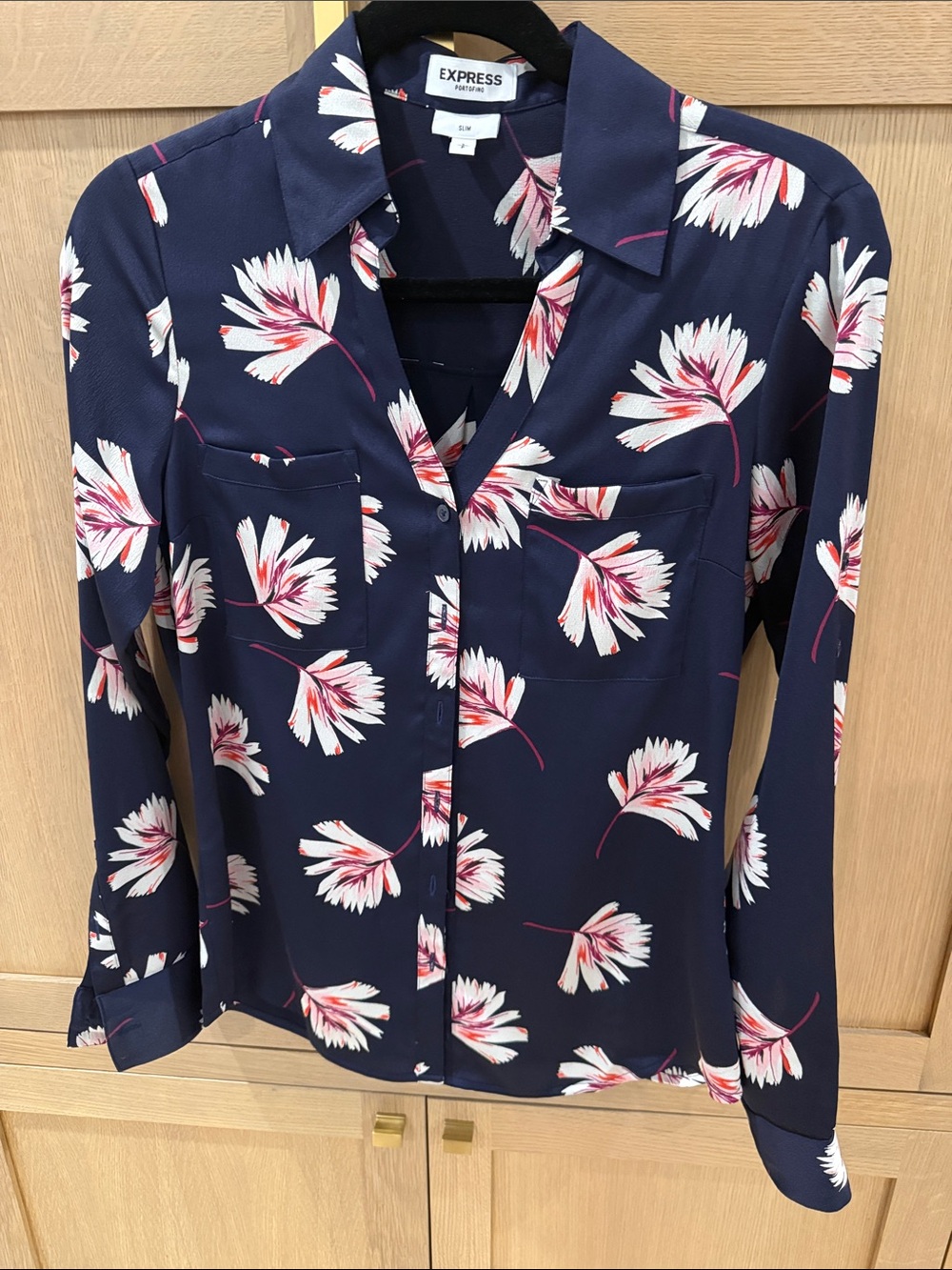 Express Navy Floral Button-Down Shirt with White and Pink Blooms